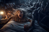 Fototapeta Zwierzęta - Scared Caucasian girl screaming in bed while sleeping in at night in the house because of monster. Neural network generated image. Not based on any actual person or scene.