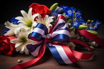 A Patriot Day memorial with an American flag ribbon intertwined with flowers