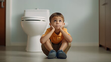 A Boy Suffering From Hemorrhoids Is Sitting On The Floor Next To The Toilet In The Toilet.