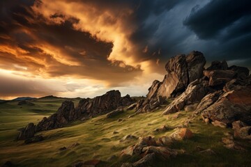 Wall Mural - Painting of rocks and grass under a cloudy sky