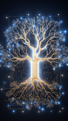 Poster - vertical background tree innovation, computer chip concept nature artificial intelligence, eco panorama narrow high