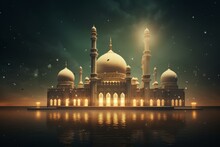 Illuminated Mosque With Decorative Lights For Mawlid Background