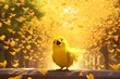 yellow bird standing ledge park flying leaves background pure joy fences princess smiling metal forest white feathers golden overjoyed mood