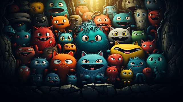 illustration group cartoon cute creatures similar to cats texture background many heads, fictional abstract creatures computer graphics