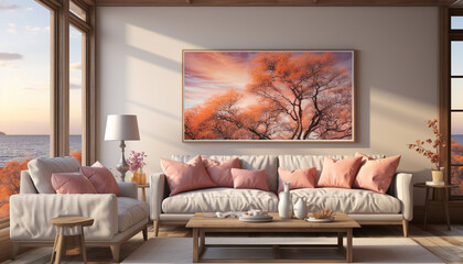 Wall Mural - Modern apartment with comfortable sofa, elegant wood table, and bright sunlight generated by AI