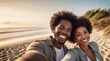 © Hifzhan Graphics - Selfie of a happy afro-american couple against beach ambience background, background image, AI generated