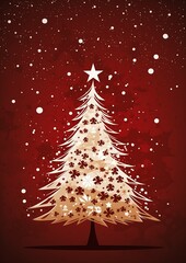 Wall Mural - closeup tree snow falling down white outline border empty background emitting bright three quarter notes red color golden sacred defense twinkling stars