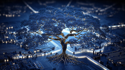 Poster - background concept is artificial intelligence, a symbol of nature and growth, a tree of life and a brain integrated and combined with a computer chip, fictional graphics