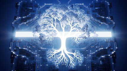 Poster - background concept is artificial intelligence, a symbol of nature and growth, a tree of life and a brain integrated and combined with a computer chip, fictional graphics