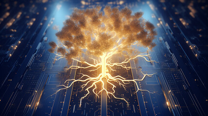 Poster - background concept is artificial intelligence, a symbol of nature and growth, a tree of life and a brain integrated and combined with a computer chip, fictional graphics