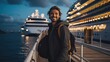 a man at cruise dock port smiling with ocean view, Generative Ai