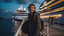 A Man At Cruise Dock Port Smiling With Ocean View, Generative Ai