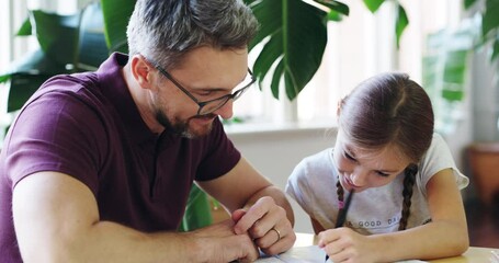 Sticker - Dad, kid and notebook for school, writing and education with book, help and parenting. Homeschool, parent and reading for child development, studying and family home for lesson, knowledge or teach