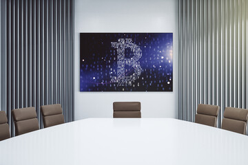 Poster - Creative Bitcoin concept on presentation screen in a modern conference room. 3D Rendering