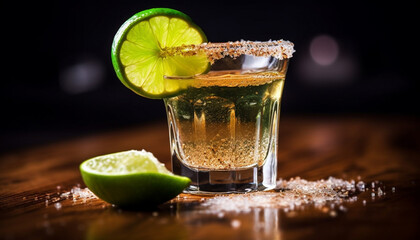 Canvas Print - Fresh lime cocktail on wooden table with ice and lemon generated by AI