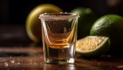 Canvas Print - Whiskey cocktail on wooden table, refreshing lime slice, elegant celebration generated by AI