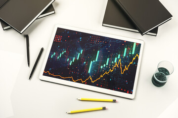Aufkleber - Digital tablet with abstract financial graph, finance and trading concept. Top view. 3D Rendering