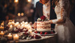 Young adult couple holding wedding cake, celebrating love and happiness generated by AI