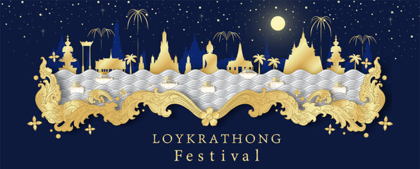 Poster of Thailand tradition in river worship, Loy Kratong Festival in banner luxury Thai art paper cut style with event wording, example texts on navy blue background.