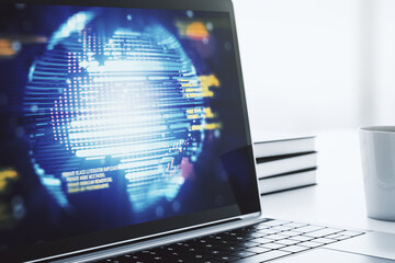 Aufkleber - Computer monitor with abstract creative programming illustration and world map, big data and blockchain concept. 3D Rendering