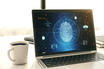 Poster - Abstract creative fingerprint hologram on modern computer monitor, protection of personal information concept. 3D Rendering