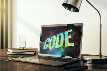 Poster - Creative Code word hologram on modern computer monitor, artificial intelligence and neural networks concept. 3D Rendering