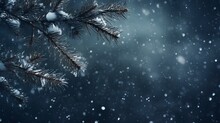 Snowflakes Settling On Pine Branches Under Soft Winter Moonlight And Copy Space, Generative Ai