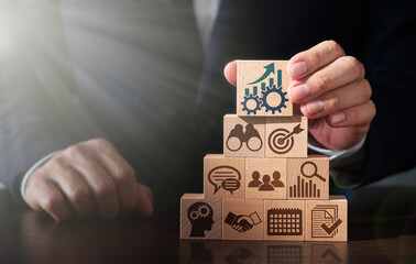Poster - Business management and successful skills. Executive stacking wooden blocks. Business icons and lens flare light.