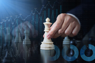 Poster - Investment strategy and challenges. Lots of financial data and statistics graphs. Business man moving a chess piece forward.