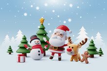 Santa Claus, Snowman, Gingerbread Cookie And Reindeer Are Playing With Snow Celebrate New Year Party With Christmas Tree, Merry Christmas And Happy New Year Greeting Concept.