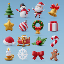 Collection Of 3d Christmas Icons, Merry Christmas And Happy New Year Concept.