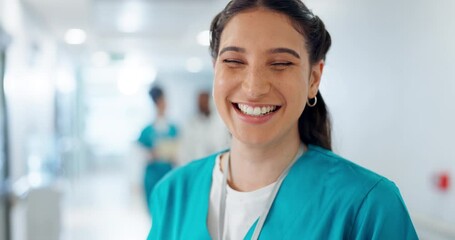 Poster - Happy woman, doctor and smile at hospital for medical support or career ambition in hallway. Portrait of female person, nurse or healthcare professional for care, health advice or nursing at clinic