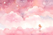 abstract watercolour background illustration of young child with dream clouds and stars in pink