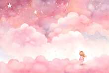 Abstract Watercolour Background Illustration Of Young Child With Dream Clouds And Stars In Pink