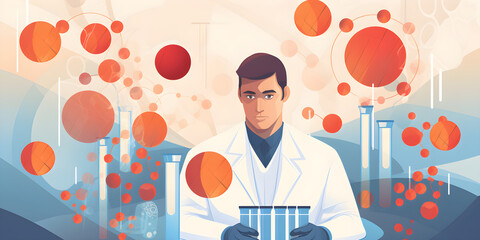 illustration of scientist holding medical testing tubes or vials of medical pharmaceutical research with blood cells and virus cure using DNA genome sequencing biotechnology