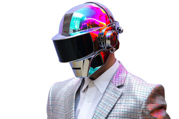  image of a man in a suit and helmet, in the style of cyberpunk surrealism, mobile sculptures, chromatic saturation, made of glass, vaporwave, grey academia isolated PNG