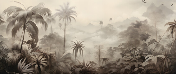 vintage sketch of the jungle landscape, a picturesque natural environment for wallpaper, wall art, card design