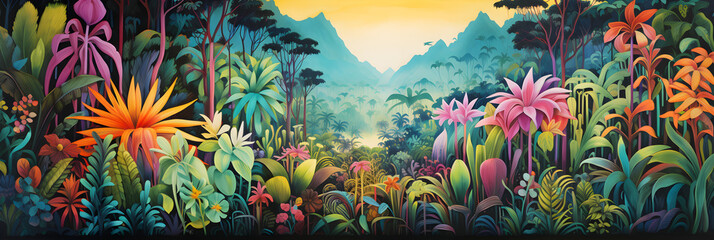 Canvas Print - colourful painting of the jungle landscape, a picturesque cute and simple natural environment in bright cartoon colours