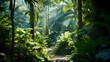 Tranquil rainforest under dappled sunlight, inviting a peaceful journey through the lush and vibrant woods.