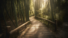 Step Into The Peaceful Heart Of A Bamboo Forest As You Walk Along A Path Crafted From Bamboo. Sunlight Softly Penetrates The Thick Bamboo Stalks.