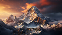 Majestic Mountain Peak, Snow Covered Landscape, Sunset Over Panoramic Range Generated By AI