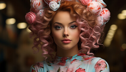 Wall Mural - Beautiful young woman with curly blond hair and pink dress generated by AI