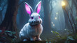Red-eyed rabbit in a dark forest, a terrifying sight. Generative AI.