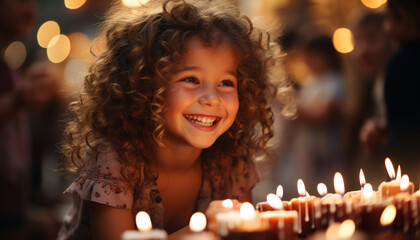 Wall Mural - Smiling child holds candle, celebrating Christmas with joyful family generated by AI