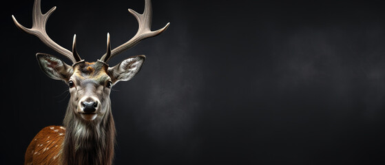 Wall Mural - Front view of a axis deer on black background. Wild animals banner with empty copy space