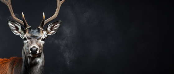 Wall Mural - Front view of a axis deer on black background. Wild animals banner with empty copy space