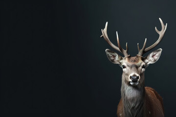 Wall Mural - front view of a axis deer on black background. wild animals banner with empty copy space