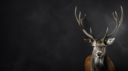 Wall Mural - Front view of a axis deer on black background. Wild animals banner with empty copy space
