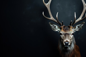 Wall Mural - Front view of a axis deer on black background. Wild animals banner with empty copy space