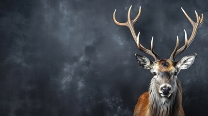 Wall Mural - Front view of a axis deer on black background. Wild animals banner with empty copy space